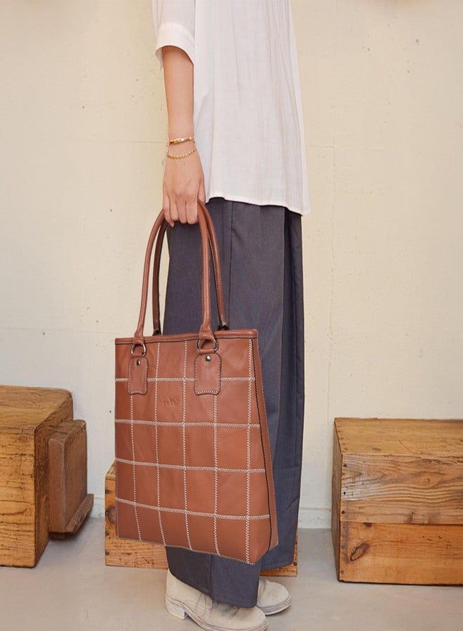 Celtic Genuine Leather Brown Tote Bag with Check Stitch Design and Zip Closure - Image 2